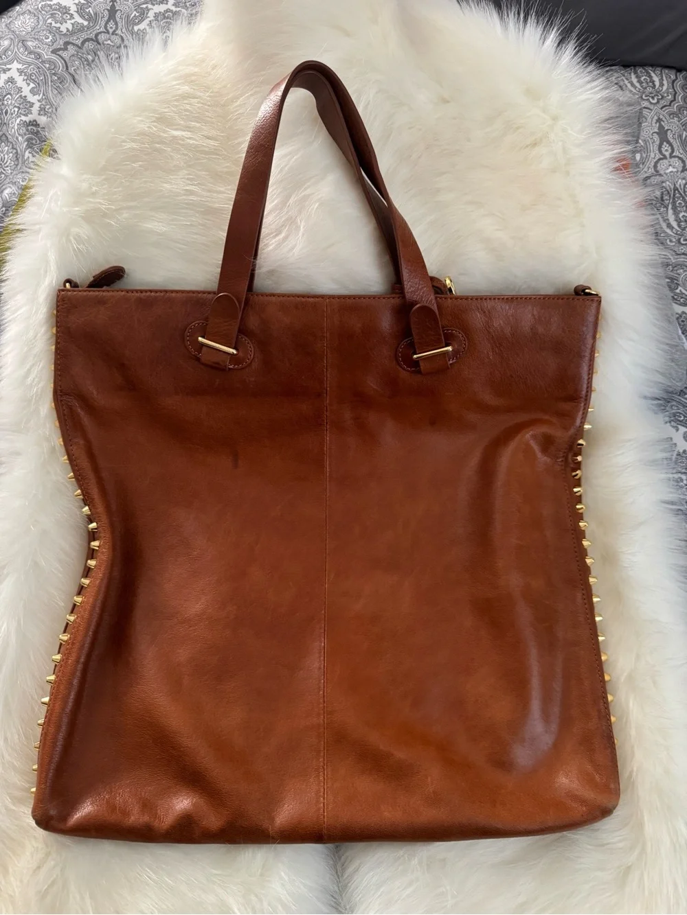 Badgley Mischka Chestnut Brown Leather Studded Tote Without Strap